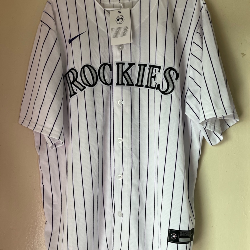 Nike White and Black Colorado Rockies Pinstripe Baseball Jersey
